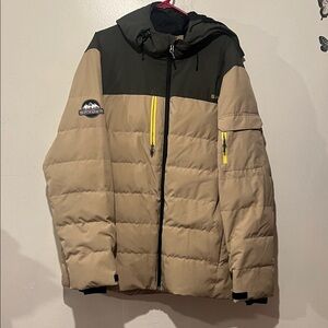 Spyder Men's Beige and Black Puffer Jacket with Yellow Zippers